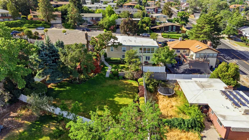 Expansive green lawn area surrounded by mature trees