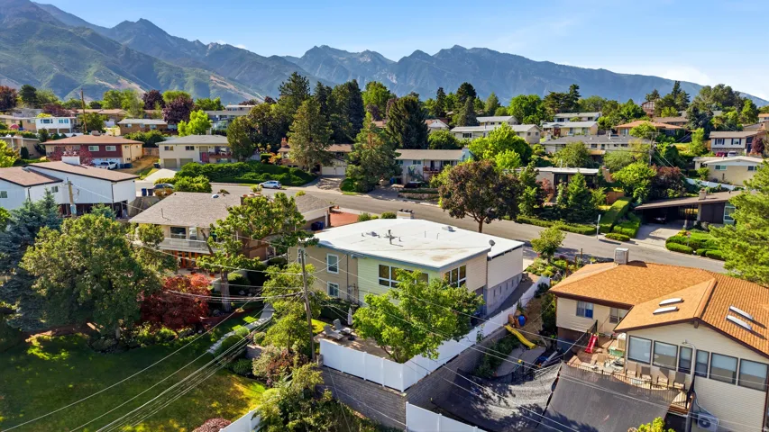 Terraced residential landscape featuring a flat-roofed residence with an attached garage, surrounded by mature trees