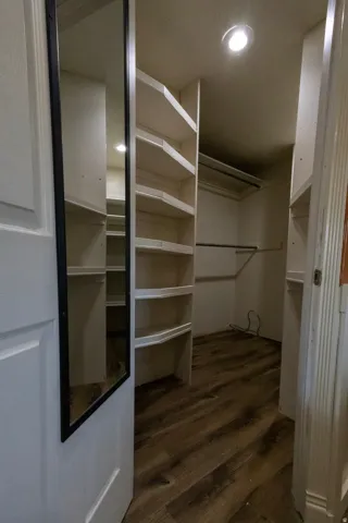 Walk-in closet featuring wood-finish flooring, recessed lighting, built-in shelving, and hanging rods