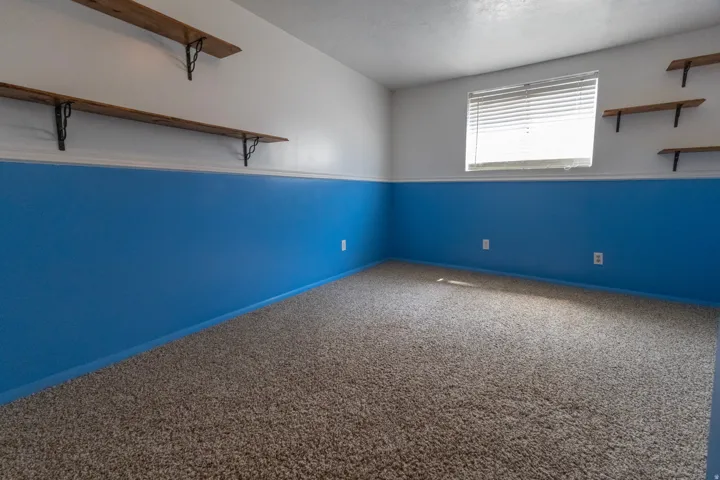 Carpeted room featuring a window with blinds, blue wainscoting, and white upper walls