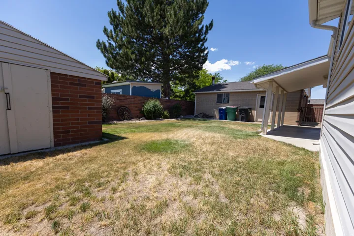Expansive backyard featuring a concrete patio with an overhead canopy, a brick storage shed, and a mature tree