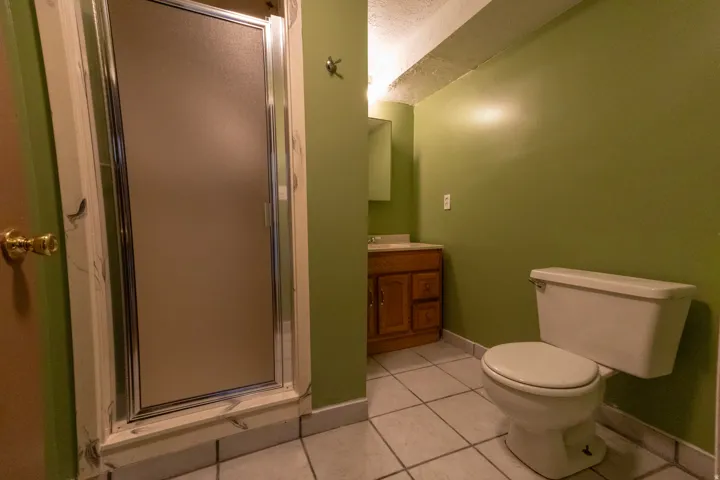 Bathroom featuring a shower stall with frosted glass door, a toilet, a vanity with a wood-finish cabinet and a rectangular mirror, and tiled flooring