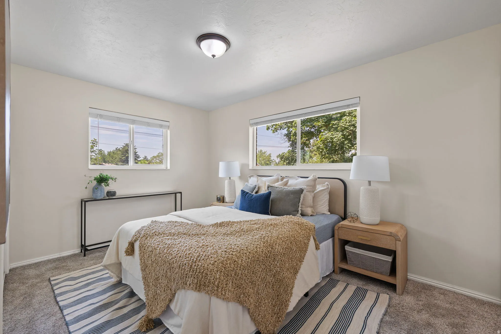 Carpeted room featuring two windows with white blinds, a flush-mount ceiling light, and light-toned wall paint