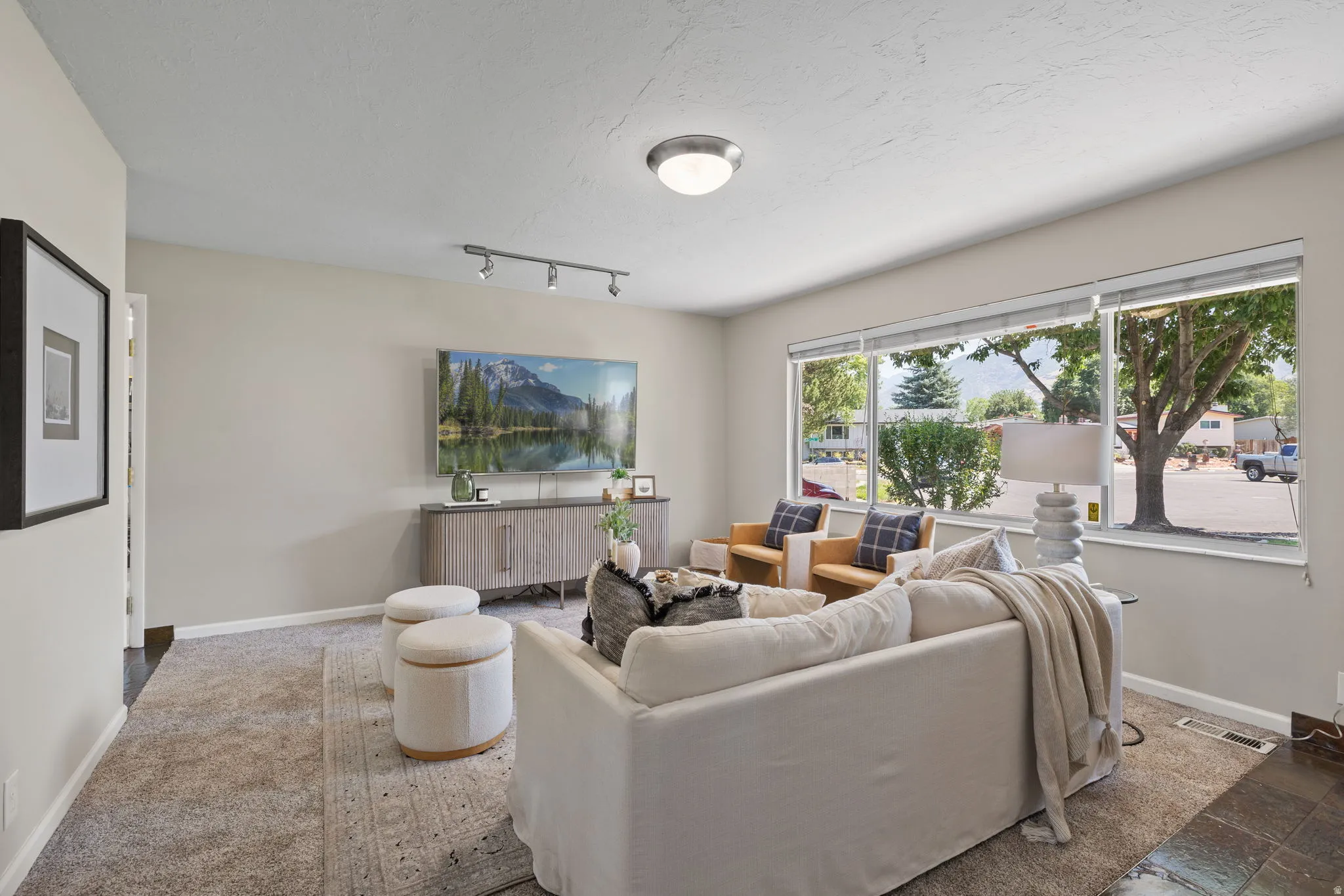 Bright living area featuring large windows, neutral paint, track lighting, and soft carpet flooring