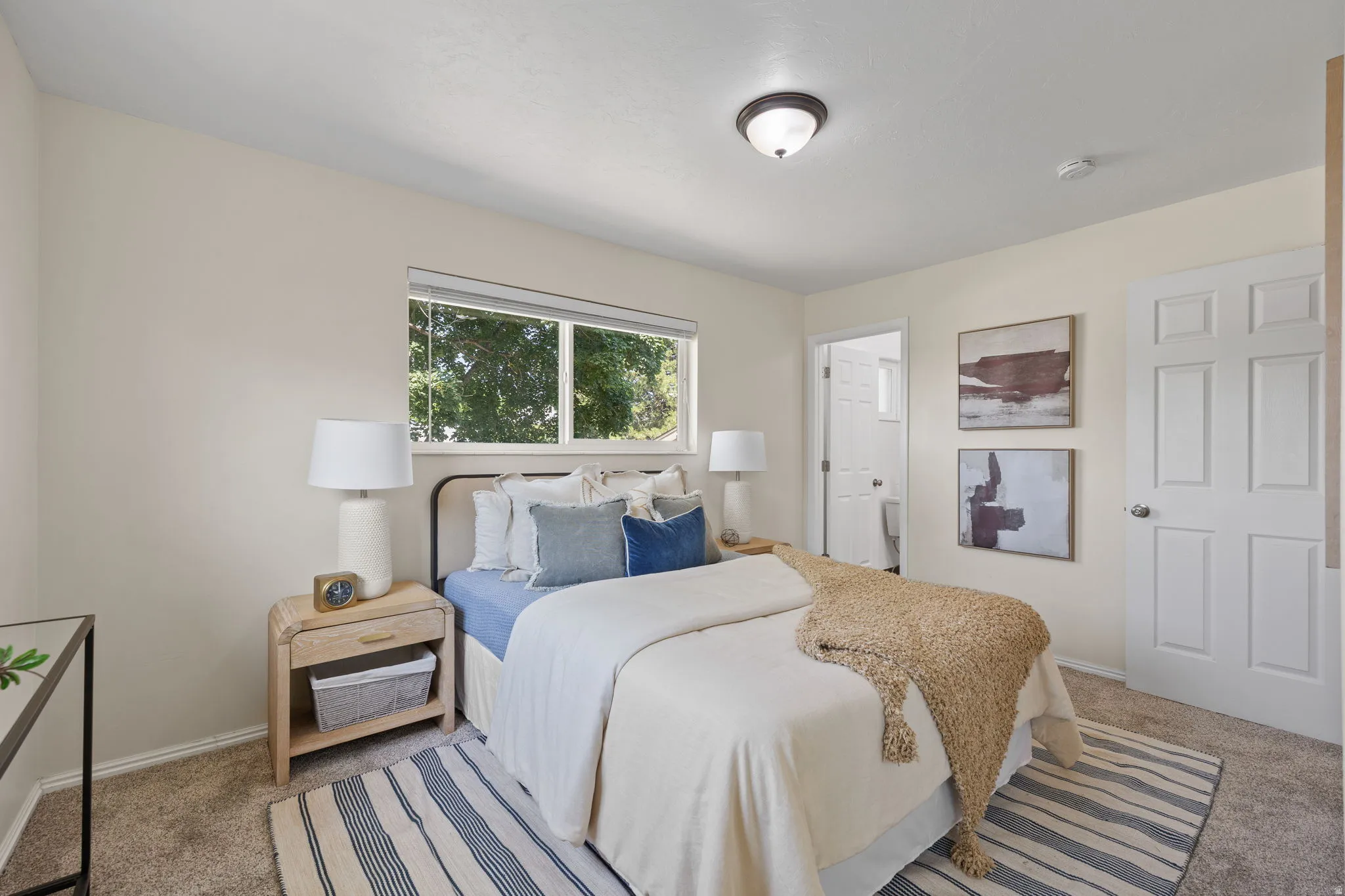 Carpeted room featuring a window with natural light, a ceiling-mounted light fixture, and a paneled door