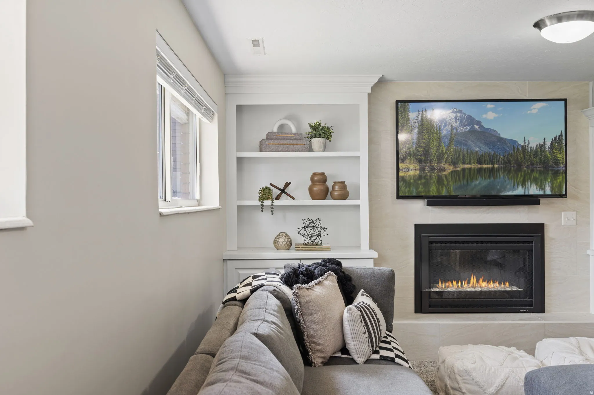 Built-in shelving unit providing storage