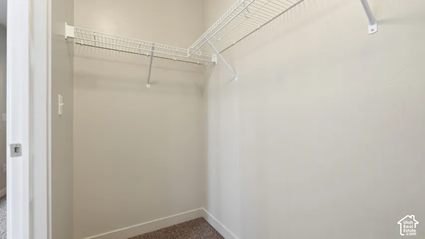 Walk-in closet featuring wire shelving, wire hanging rods, neutral wall paint, white baseboards, and carpet flooring