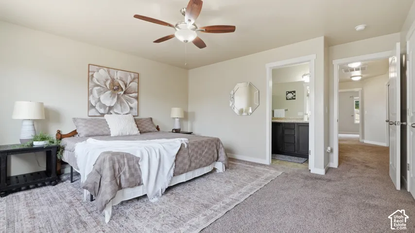 Spacious carpeted bedroom with light-toned walls and a ceiling fan