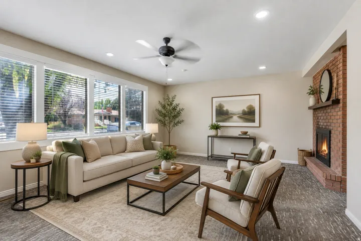 Spacious living area featuring a brick fireplace with a wood-finish mantel, recessed lighting, and a ceiling fan