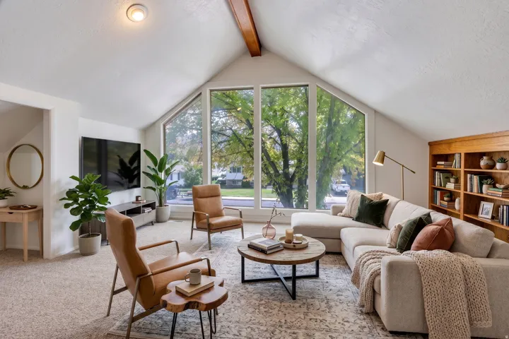 Vaulted ceiling with exposed wood beam