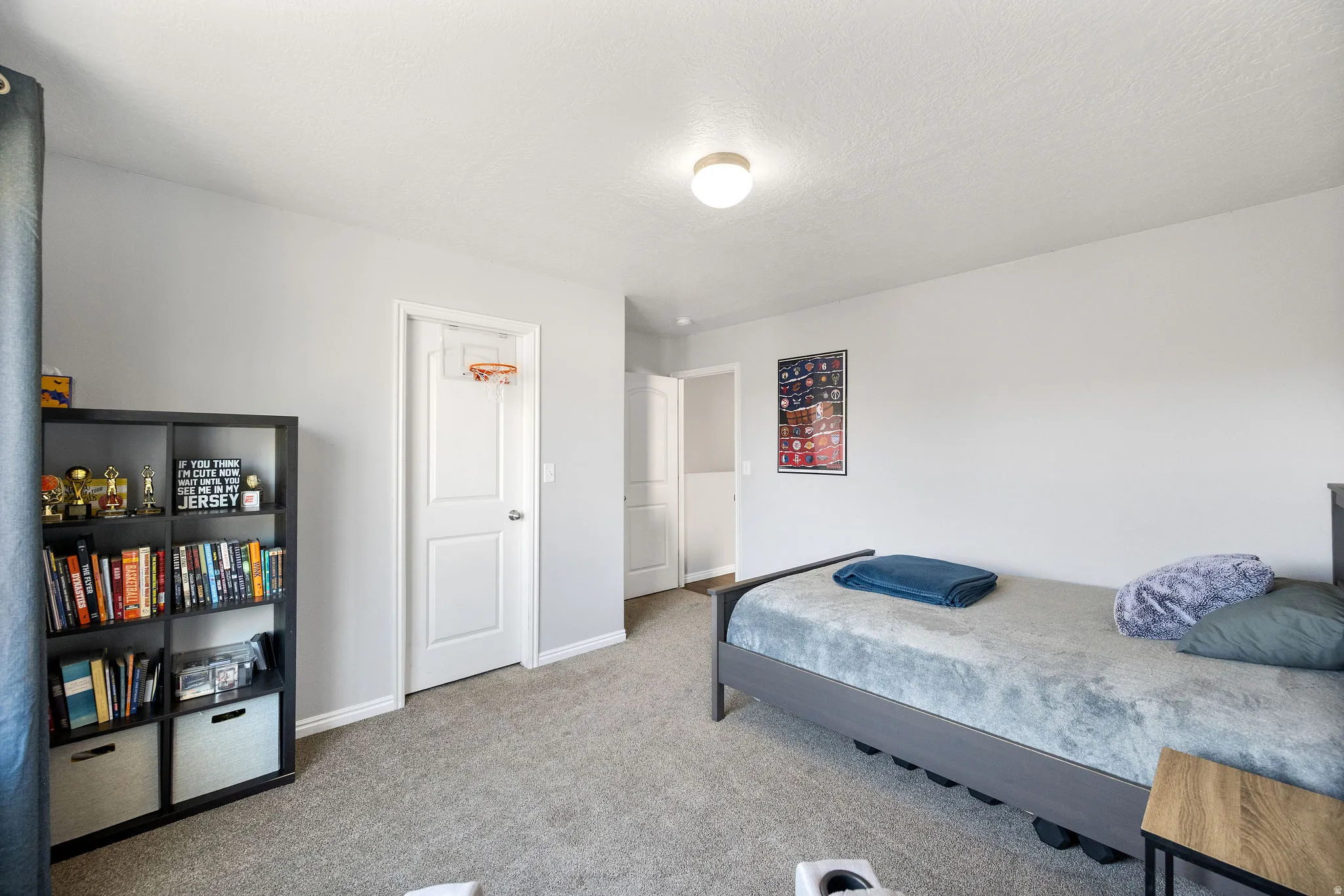 Carpeted room featuring light gray wall paint, a flush-mount ceiling light fixture, a paneled interior door, and white baseboards