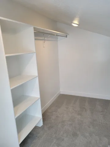 Integrated closet system featuring white shelving, a chrome hanging rod, recessed lighting, and grey carpet flooring