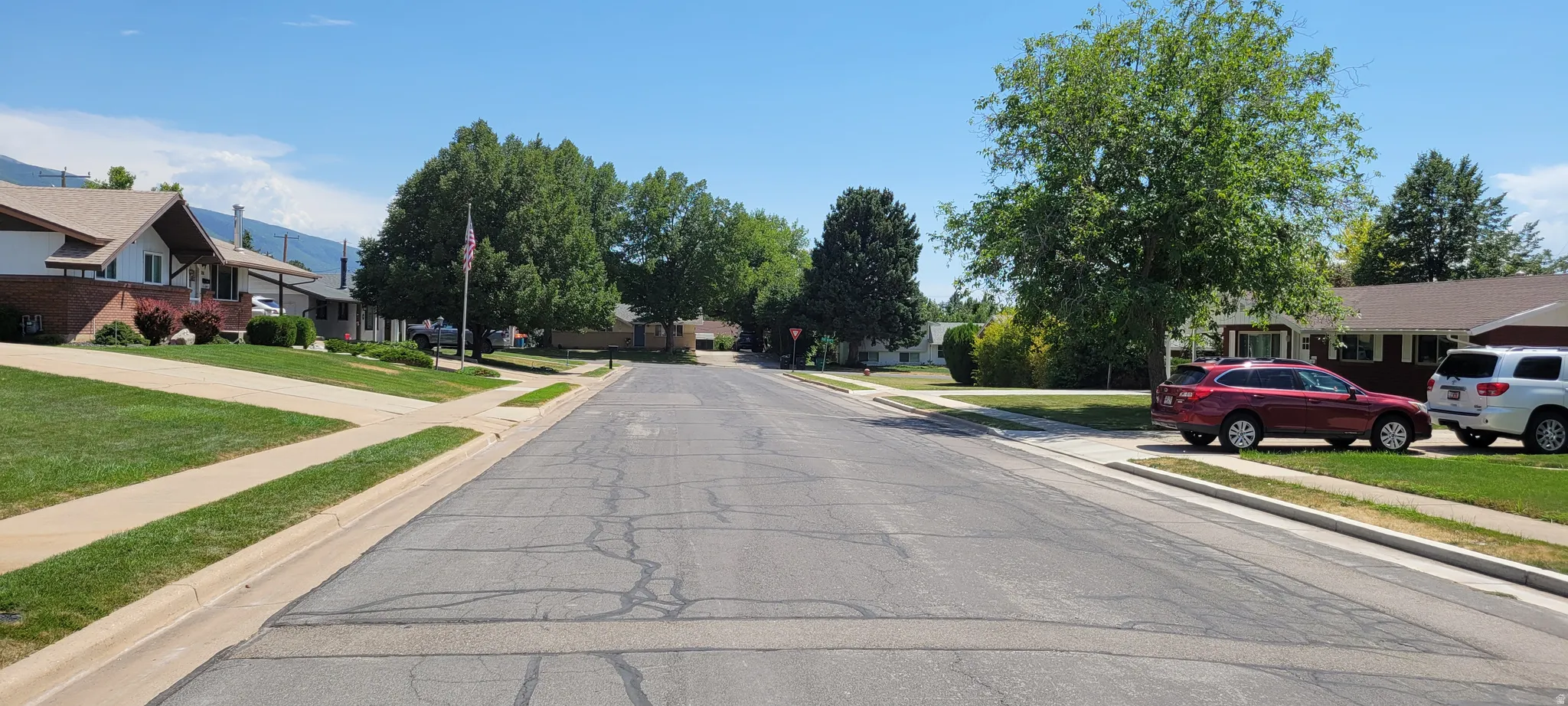 Tree-lined street with manicured lawns and concrete sidewalks