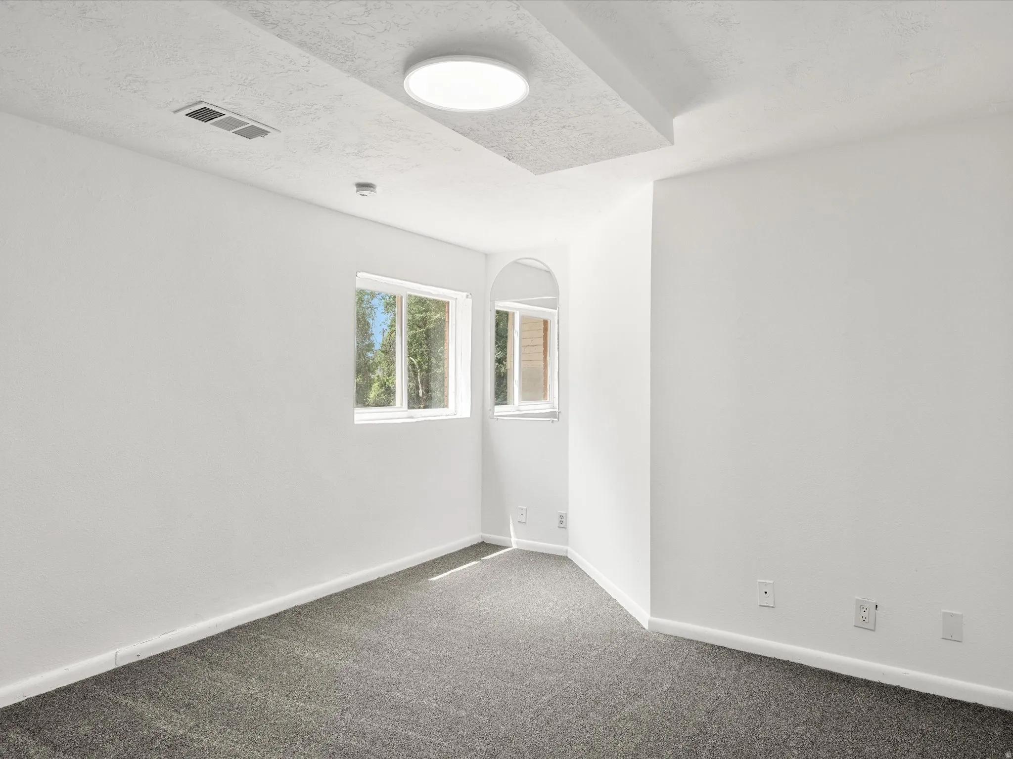 Bright interior space featuring a recessed ceiling detail with a flush-mount circular light fixture, white walls, and gray carpeting