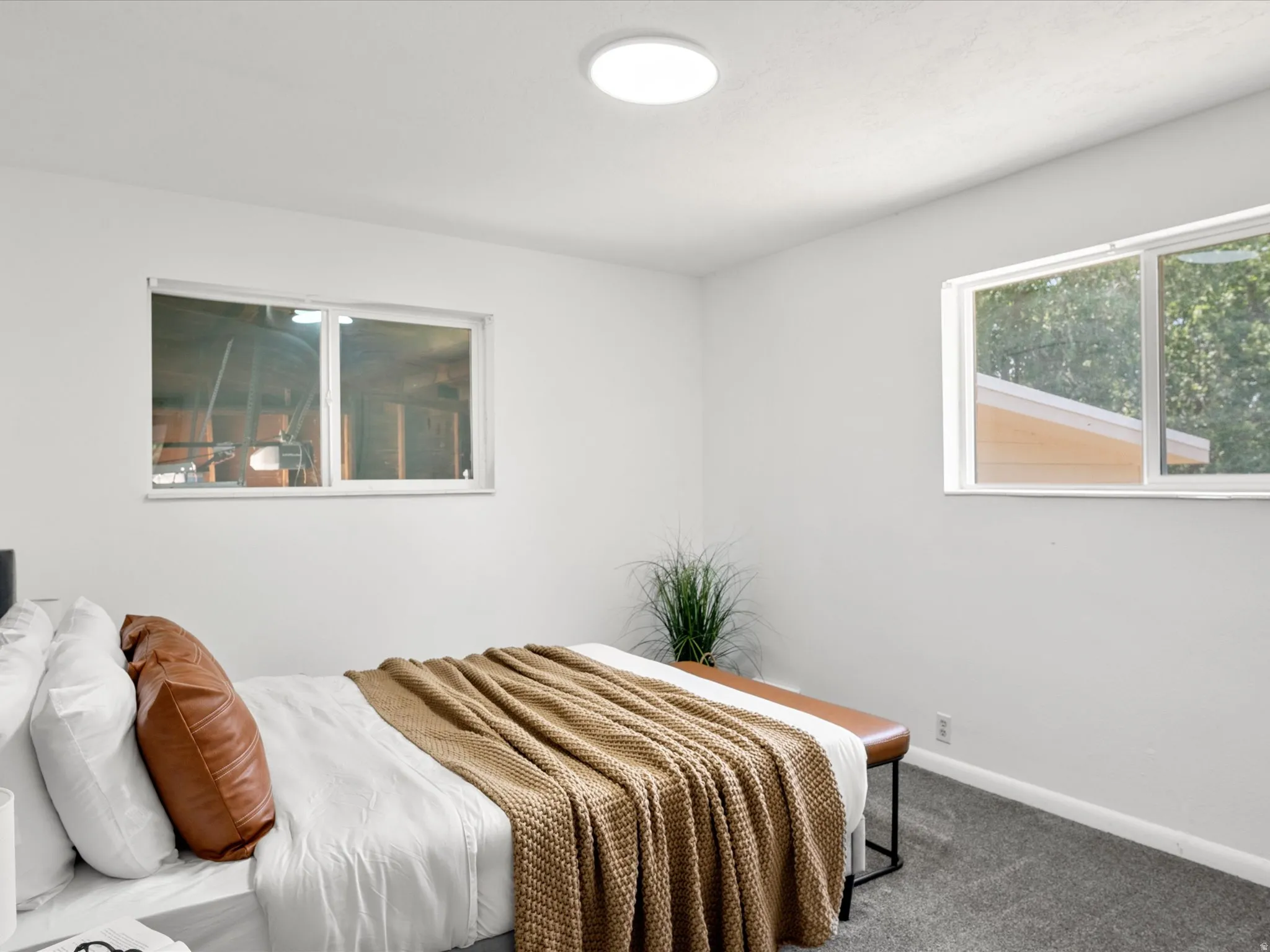 Bedroom featuring two windows, neutral wall tones, a flush-mount ceiling light, and gray carpet flooring