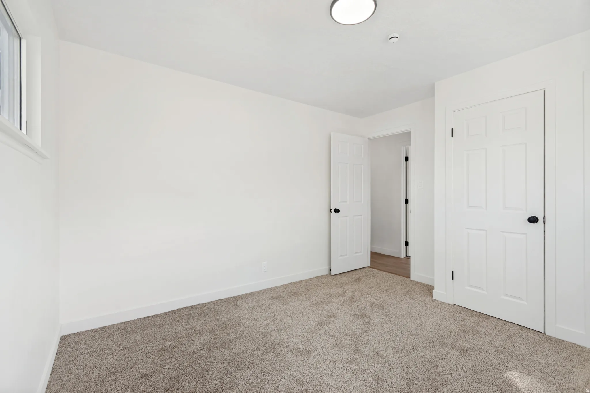 Carpeted room with white walls, a single window, and two paneled doors with dark hardware