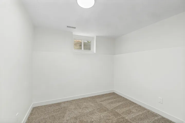 Bright room featuring a window, neutral-toned carpeting, white walls, and a ceiling-mounted light fixture