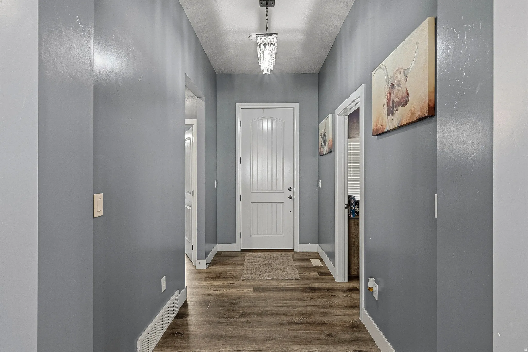 Entryway featuring wood-finish flooring, white baseboards, a white panel door, and a decorative ceiling light fixture