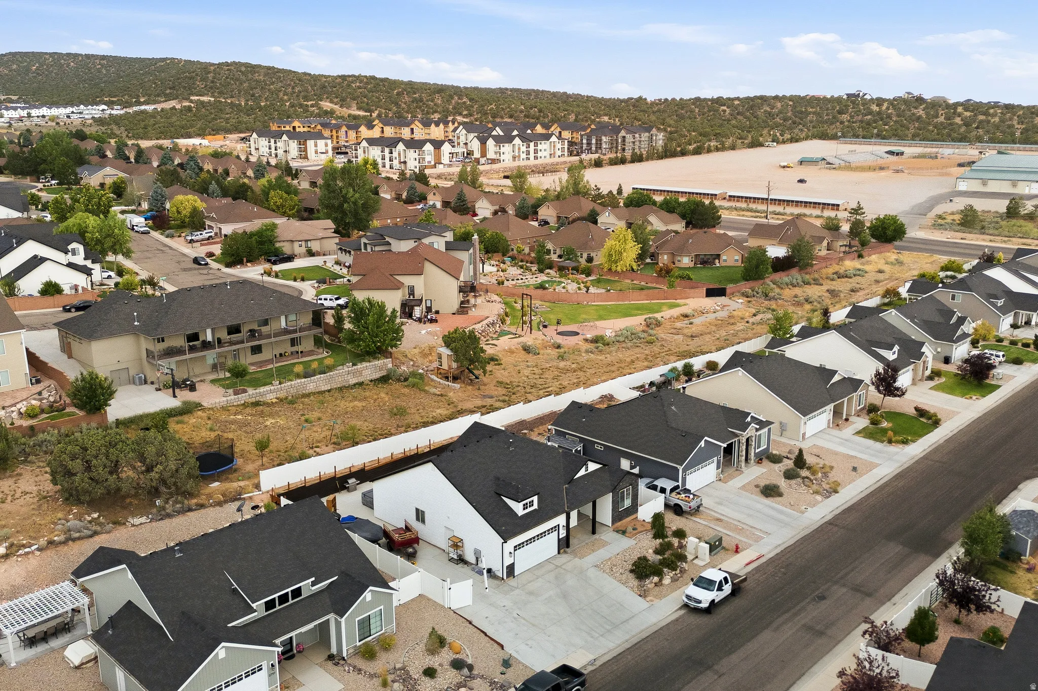 Aerial view of a residential neighborhood with varied architectural styles