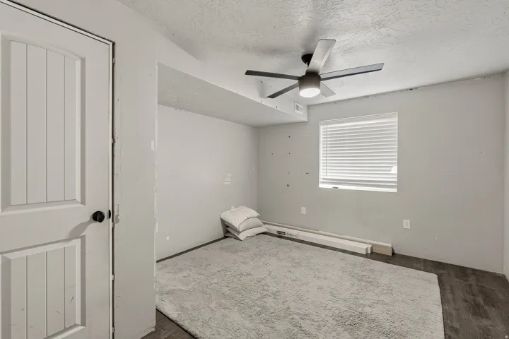 Room featuring wood-finish flooring, a contemporary ceiling fan, and a single window with horizontal blinds