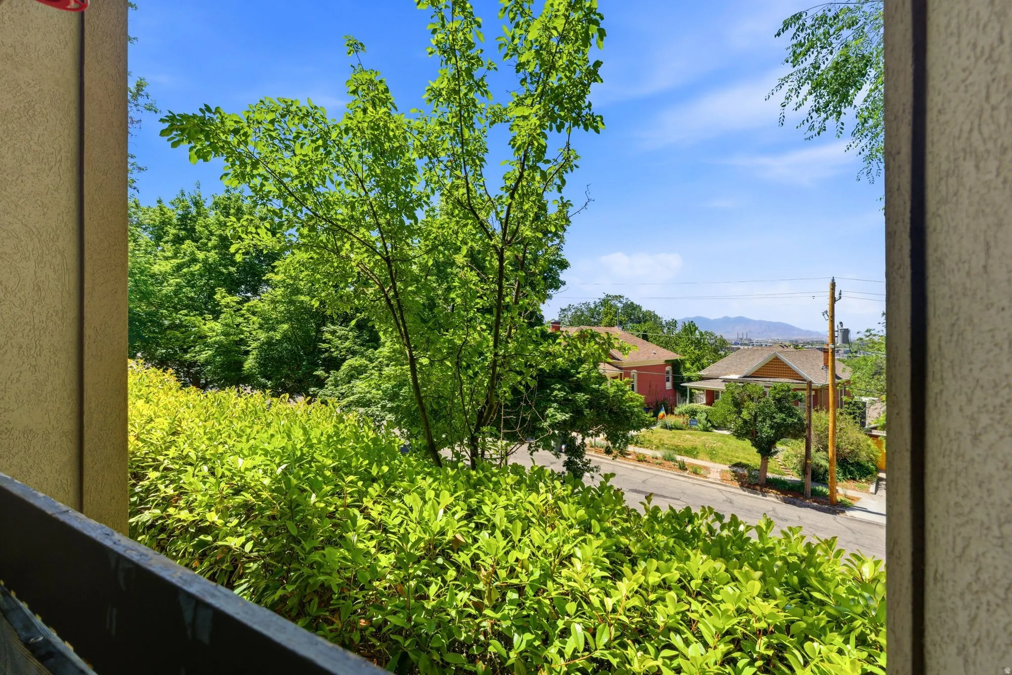 Lush green foliage and mature trees frame a residential street with distant mountain peaks under a clear blue sky