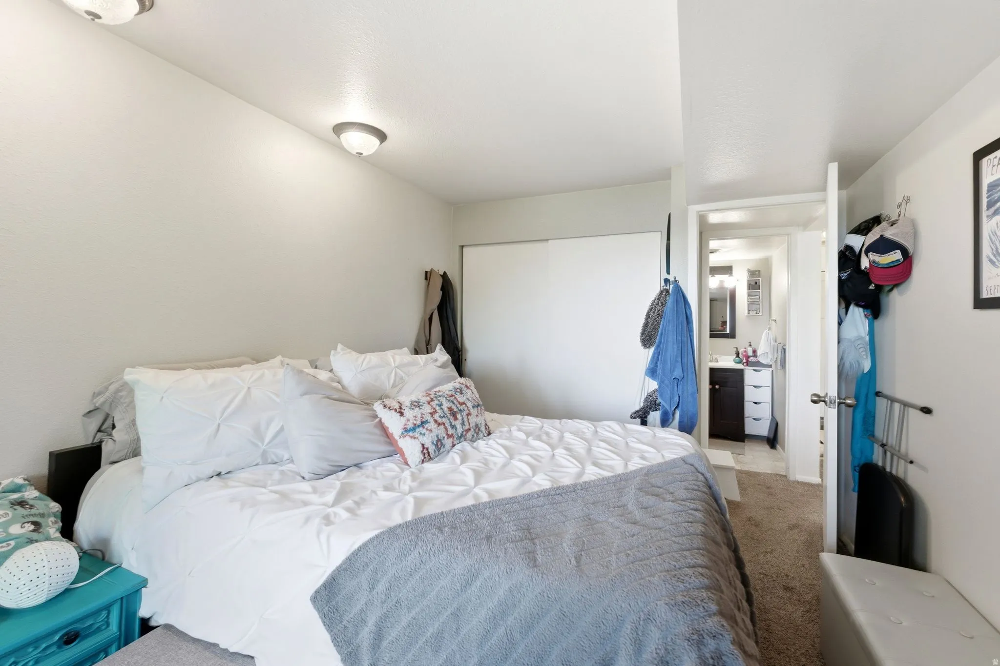 Neutral wall paint, flush mount ceiling lighting, and carpeting create a simple bedroom aesthetic
