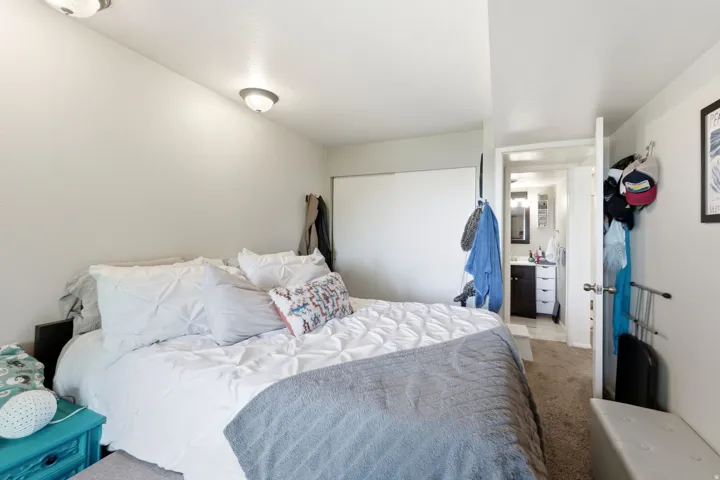 Neutral wall paint, flush mount ceiling lighting, and carpeting create a simple bedroom aesthetic
