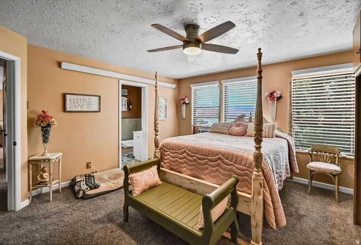 Carpeted room featuring multiple windows with blinds, a ceiling fan with integrated lighting, and a doorway opening to an additional space