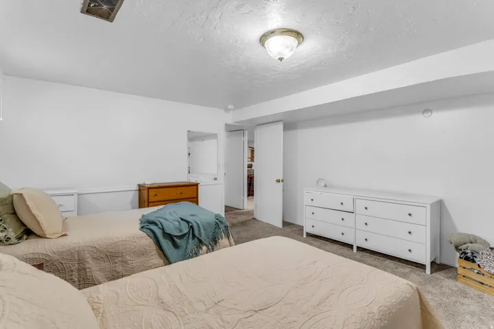 Carpeted room featuring white painted walls and a flush-mount ceiling light fixture