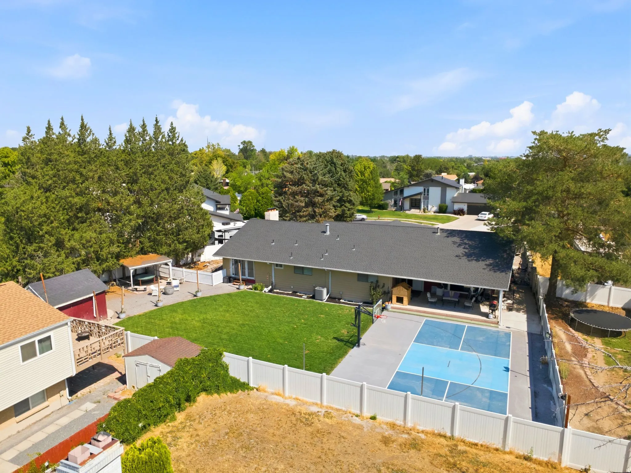 Expansive backyard featuring a manicured lawn, a half-court sports area, and a covered patio