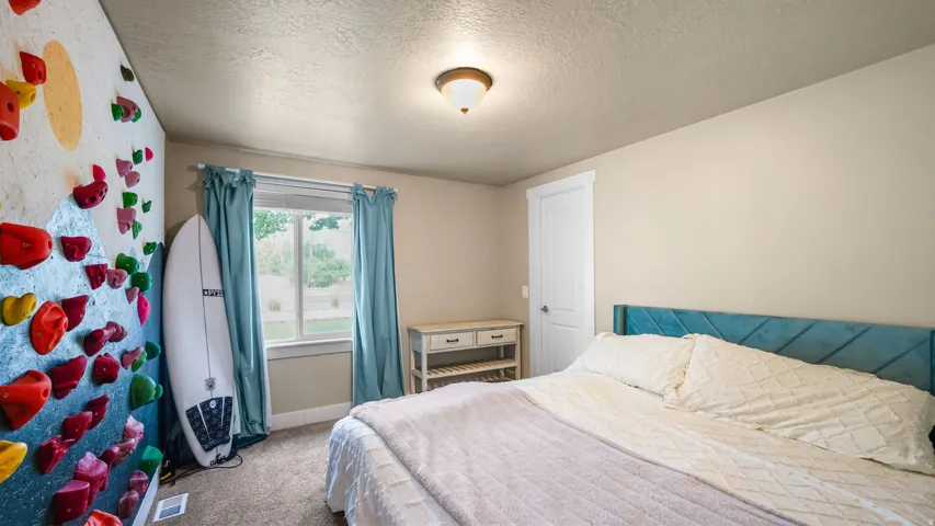 Carpeted bedroom with a built-in climbing wall featuring varied holds