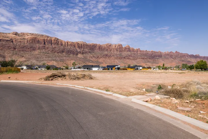 Expansive undeveloped land parcel featuring a paved road frontage and concrete curbing, offering a clear building site