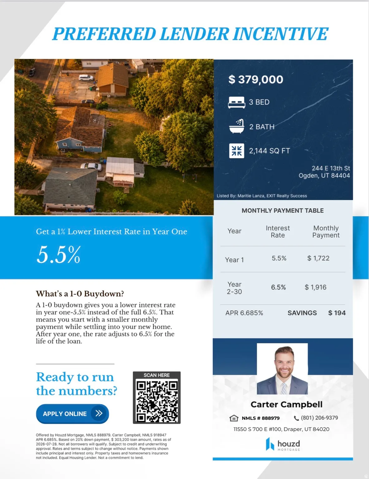 Real Estate Marketing Flyer. Highlighting a preferred lender incentive and property details