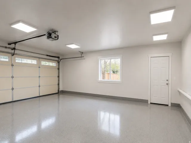Spacious two-car garage featuring a light gray epoxy floor finish and four flush-mount ceiling lights