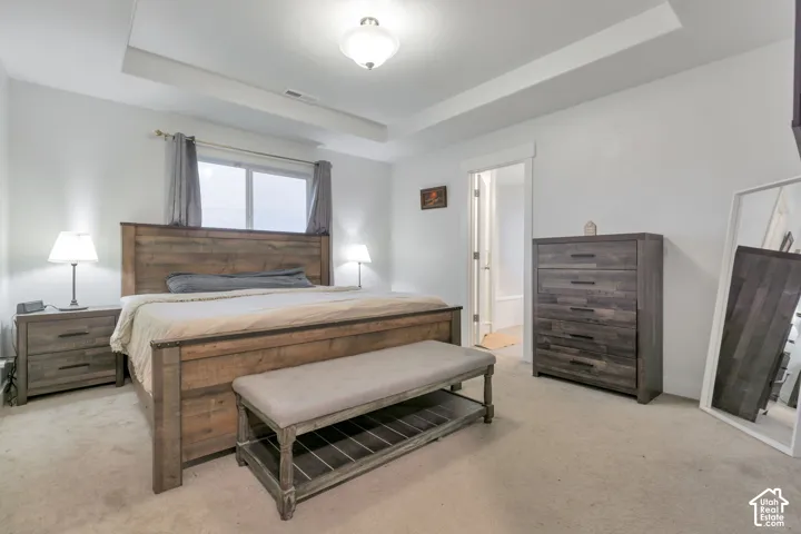 Spacious bedroom featuring a tray ceiling with a flush-mount light fixture, a window with curtains, and neutral-toned carpeting