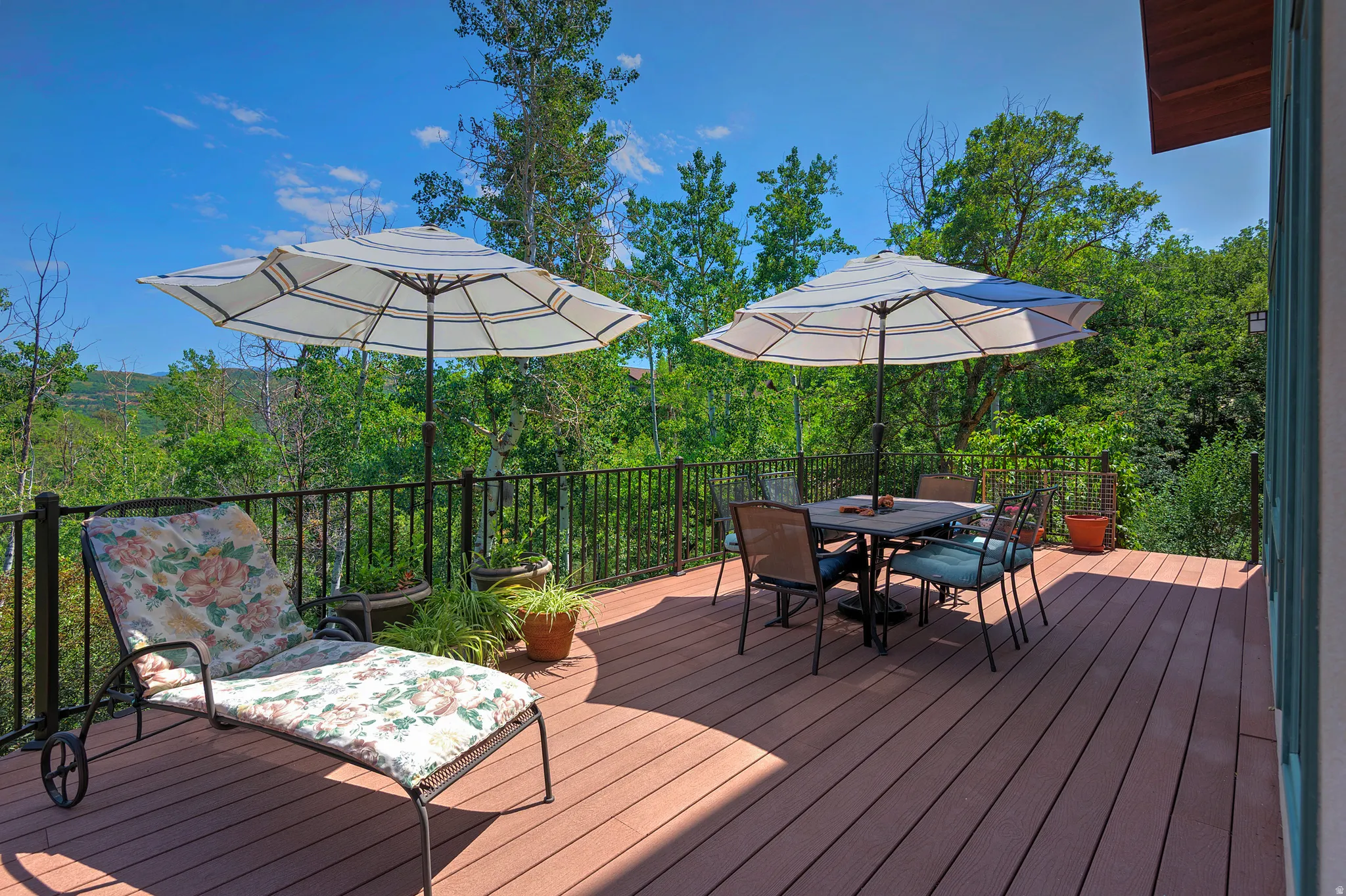 Spacious outdoor deck featuring wood-finish flooring, black metal railing, and lush surrounding greenery