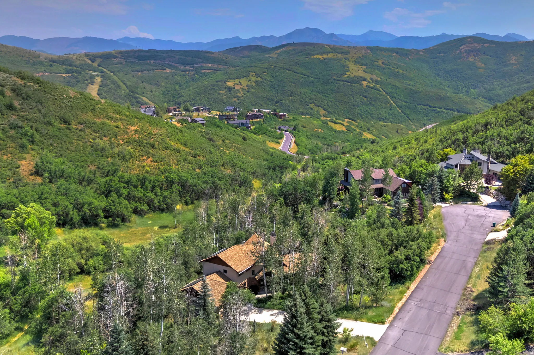 Expansive mountain landscape featuring verdant hillsides, mature trees, and a distant winding road