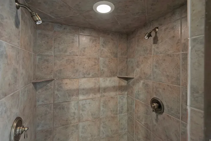 Tiled shower enclosure featuring dual shower heads with bronze-finish fixtures, recessed lighting, and integrated corner shelves