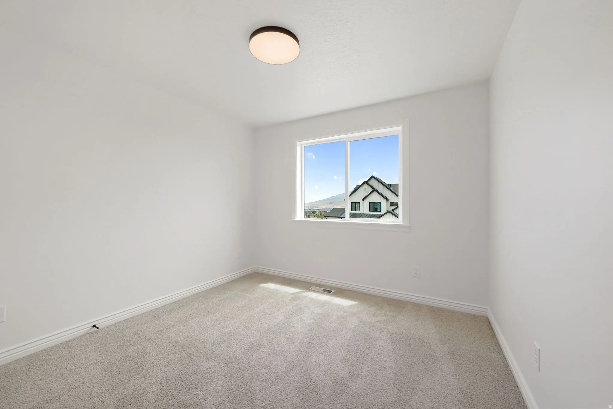Room featuring light grey carpeting, white walls, and a single window with white trim