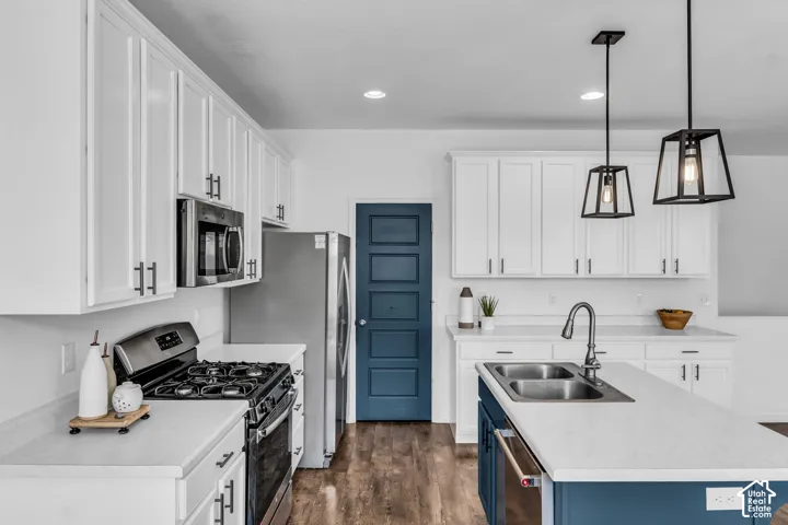 Modern kitchen featuring white shaker cabinetry, stainless steel appliances, a center island with a double basin sink, and wood-finish flooring