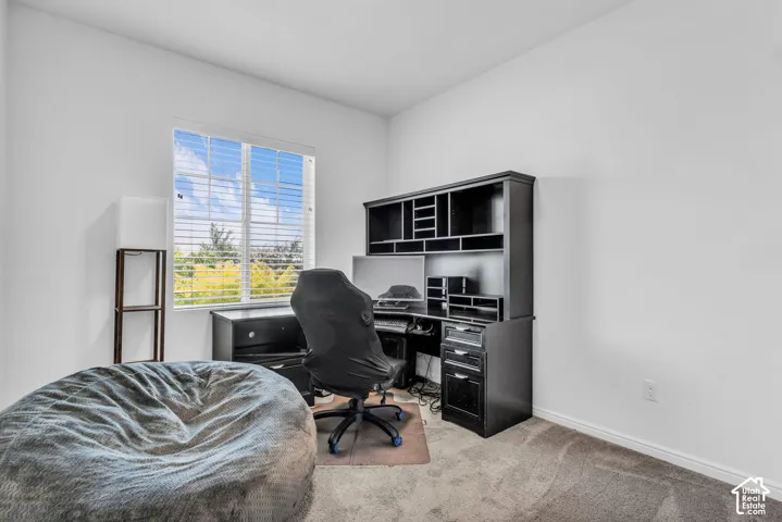 Neutral wall paint throughout this carpeted room