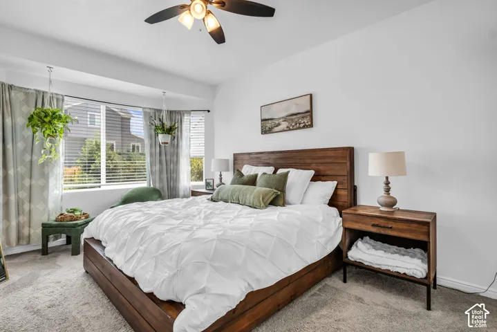 Spacious bedroom featuring light-toned walls, wood-finish flooring, a contemporary ceiling fan, and large windows with blinds