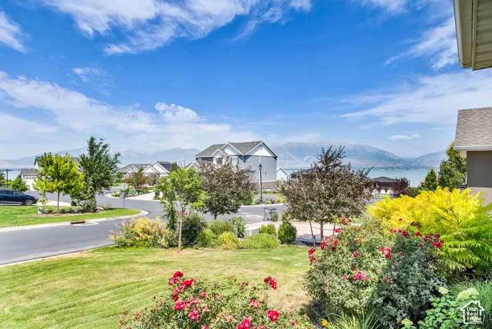 Landscaped front yard with mature plantings and flowering shrubs