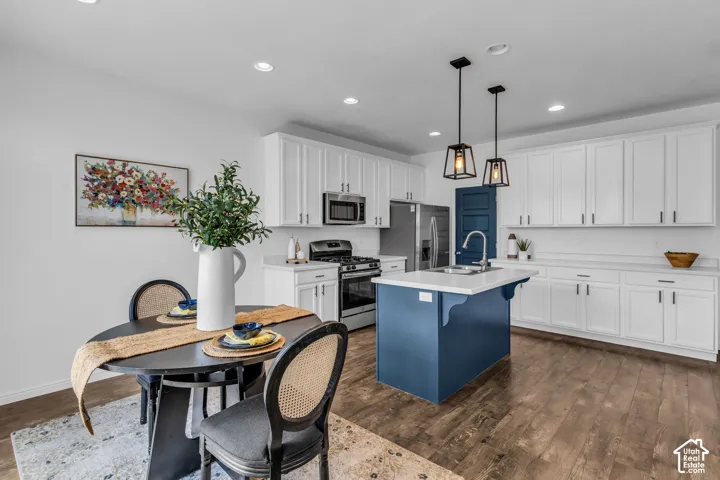 Kitchen featuring white shaker cabinetry, stainless steel appliances, a blue island with integrated sink, and wood-finish flooring