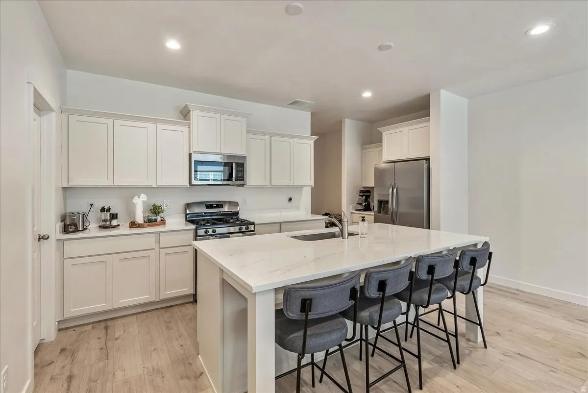Modern kitchen featuring an island with an undermount sink, light-toned wood-finish flooring, white shaker cabinetry, stainless steel appliances, and recessed ceiling lighting