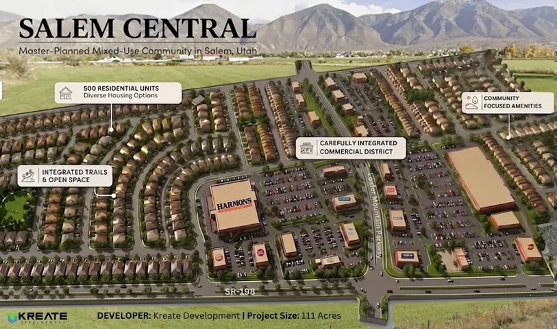 Development Plan. Overhead rendering of a master-planned mixed-use community, detailing residential, commercial, and open space components
