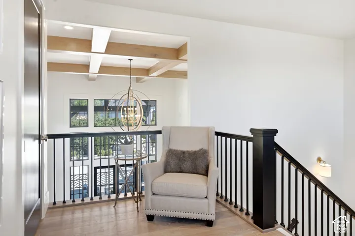 Upper-level landing featuring light wood-finish flooring, a contemporary spherical chandelier, and a black wrought iron railing