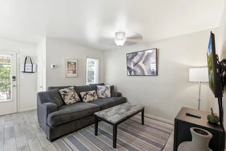 L-shaped sectional sofa with accent pillows, light wood-finish flooring, and a ceiling-mounted light fixture
