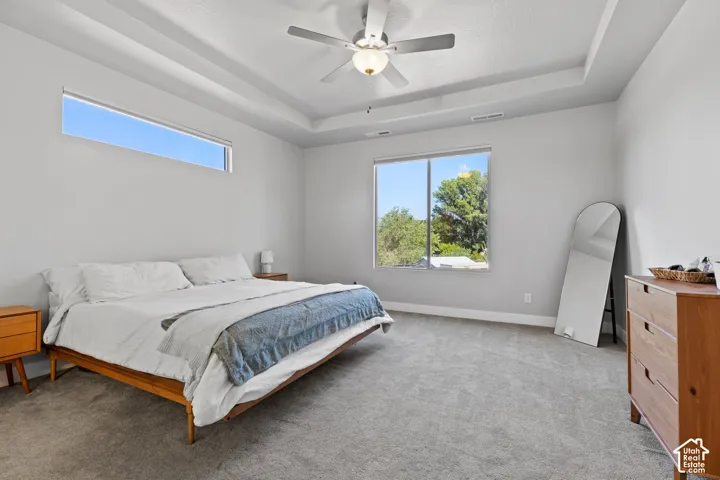 Spacious room featuring tray ceilings, neutral wall tones, and gray carpeting