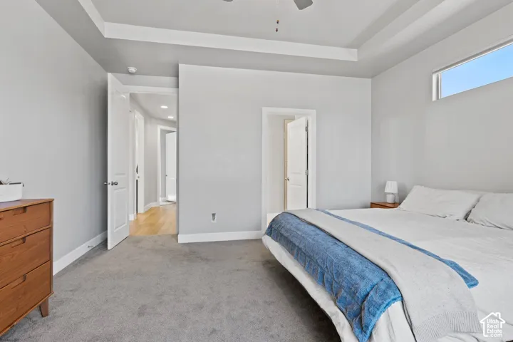 Bedroom featuring a tray ceiling, recessed lighting, and a horizontal transom window